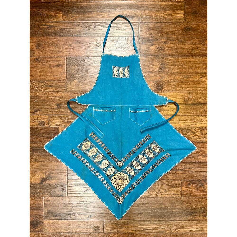 Vintage Cotton Tie Waist Pinafore Apron Robins Egg Blue Cutwork Lace Embroidery